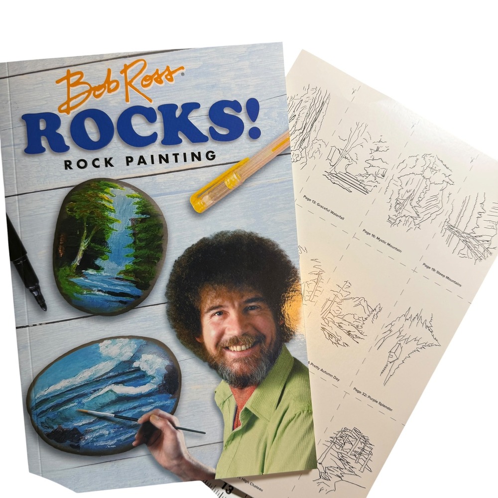 Bob Ross Rocks! Rock Painting Kit Instructional Book Paint Stencils and Rocks